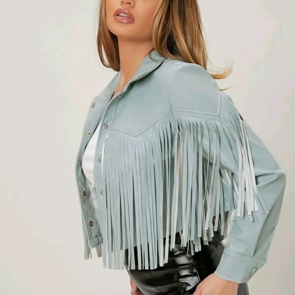 Drop Shoulder Fringe Trim PU Leather Crop Jacket - Picture 3 of 7